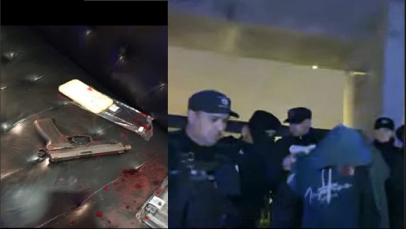 El arma con la que realizó una detonación en el departamento, y el momento en que fue detenido el agresor (Imagen El Tres).